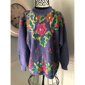 Kitty Hawk Vivian Wang Sweater 90’s Retro Purple Floral Crew Medium